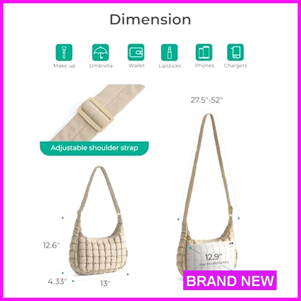 Quilted Puffy Crossbody Hobo Bag Adjustable Strap Compact Shoulder Handbag - Picture 5 of 7